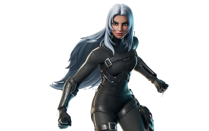 Vrouwelijk gamepersonage met zilver haar in een strak gevechtspak in een actiehouding.