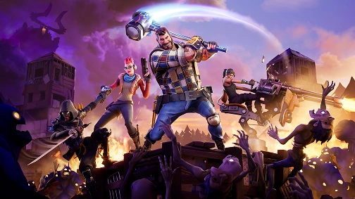 Personages uit Fortnite vechten tegen vijanden in een kleurrijke actievolle gevechtsscène.